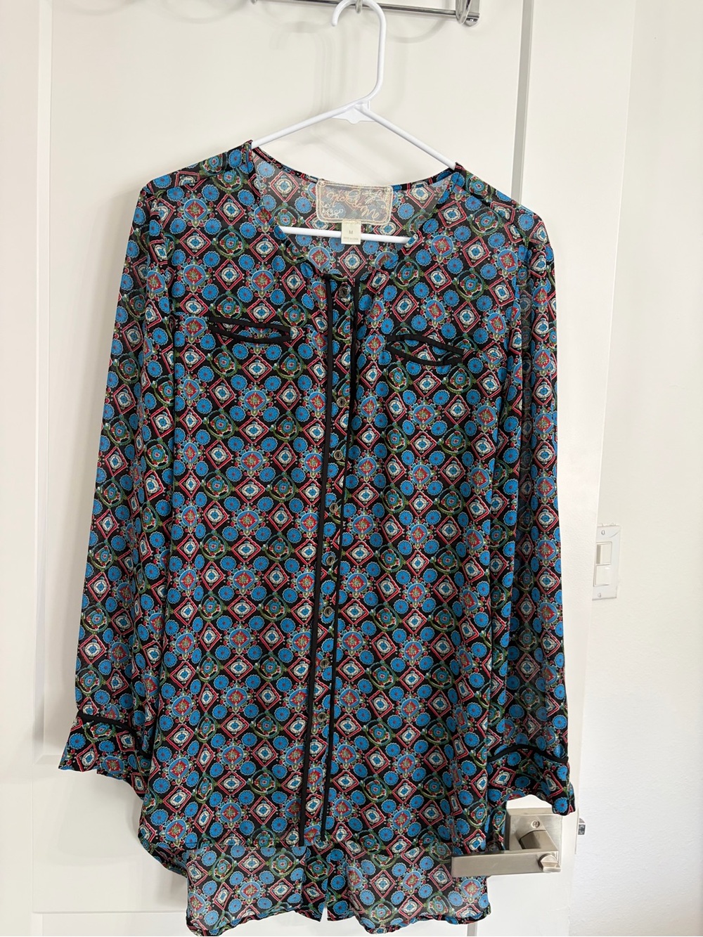 Nick & Mo Teal and Black Geometric Tie-Front Tunic
